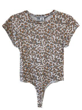 Oliveaceous Bodysuit Small Leopard Print Crewneck Short Sleeve White Gray Mature